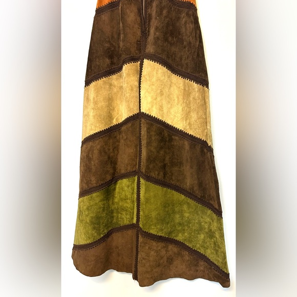 VTG 70s Saks Fifth Avenue Patchwork Suede Maxi Skirt Boho Hippie Chevron Small - Picture 9 of 16